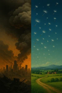 Surreal split landscape showing a burning dystopian city on one side and a peaceful countryside with drifting dandelion seeds on the other—symbolizing climate collapse versus ecological hope.