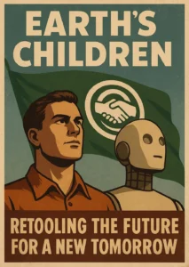 Vintage-style poster showing a human and a robot gazing toward the horizon, with a green flag behind them bearing a handshake emblem and the words “Earth’s Children.”