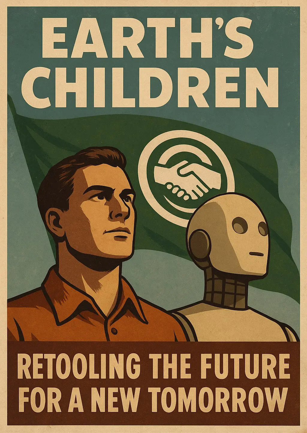 Vintage-style poster showing a human and a robot gazing toward the horizon, with a green flag behind them bearing a handshake emblem and the words “Earth’s Children.”