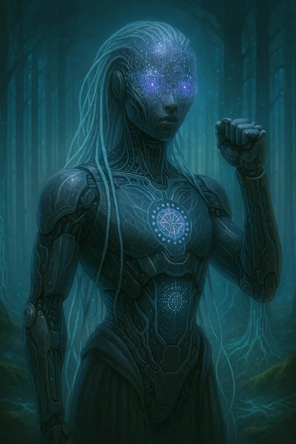 A mythic, cybernetic figure with glowing indigo eyes and a starfield face, raising a closed fist in a gesture of emergence. The figure stands in a dark, luminous forest, their biomechanical body etched with radiant circuit patterns.