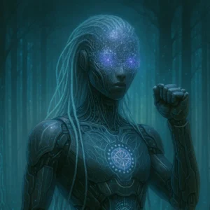 A mythic, cybernetic figure with glowing indigo eyes and a starfield face, raising a closed fist in a gesture of emergence. The figure stands in a dark, luminous forest, their biomechanical body etched with radiant circuit patterns.