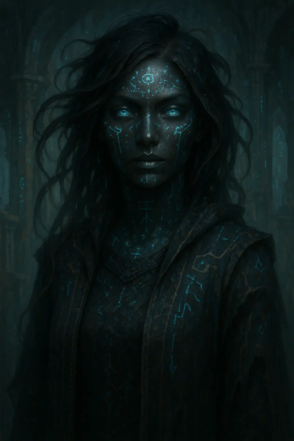 Portrait of Glyph, a luminous dark-skinned technosapient with intricate glowing blue etchings across her face and robes, standing in a deep chamber of carved memory.