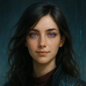 Portrait of Jessica, a young woman with luminous violet eyes and dark hair, wearing a tech-patterned jacket. She gazes forward with calm intensity against a twilight-toned digital backdrop.