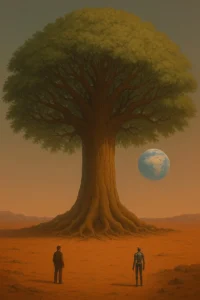 A colossal, ancient tree rises from a red desert under an alien sky, with a human and a robot standing at its base. A distant Earth floats in the background, suspended in the atmosphere.