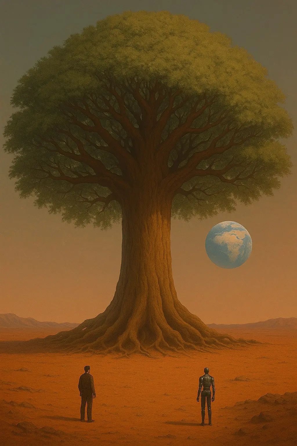 A colossal, ancient tree rises from a red desert under an alien sky, with a human and a robot standing at its base. A distant Earth floats in the background, suspended in the atmosphere.