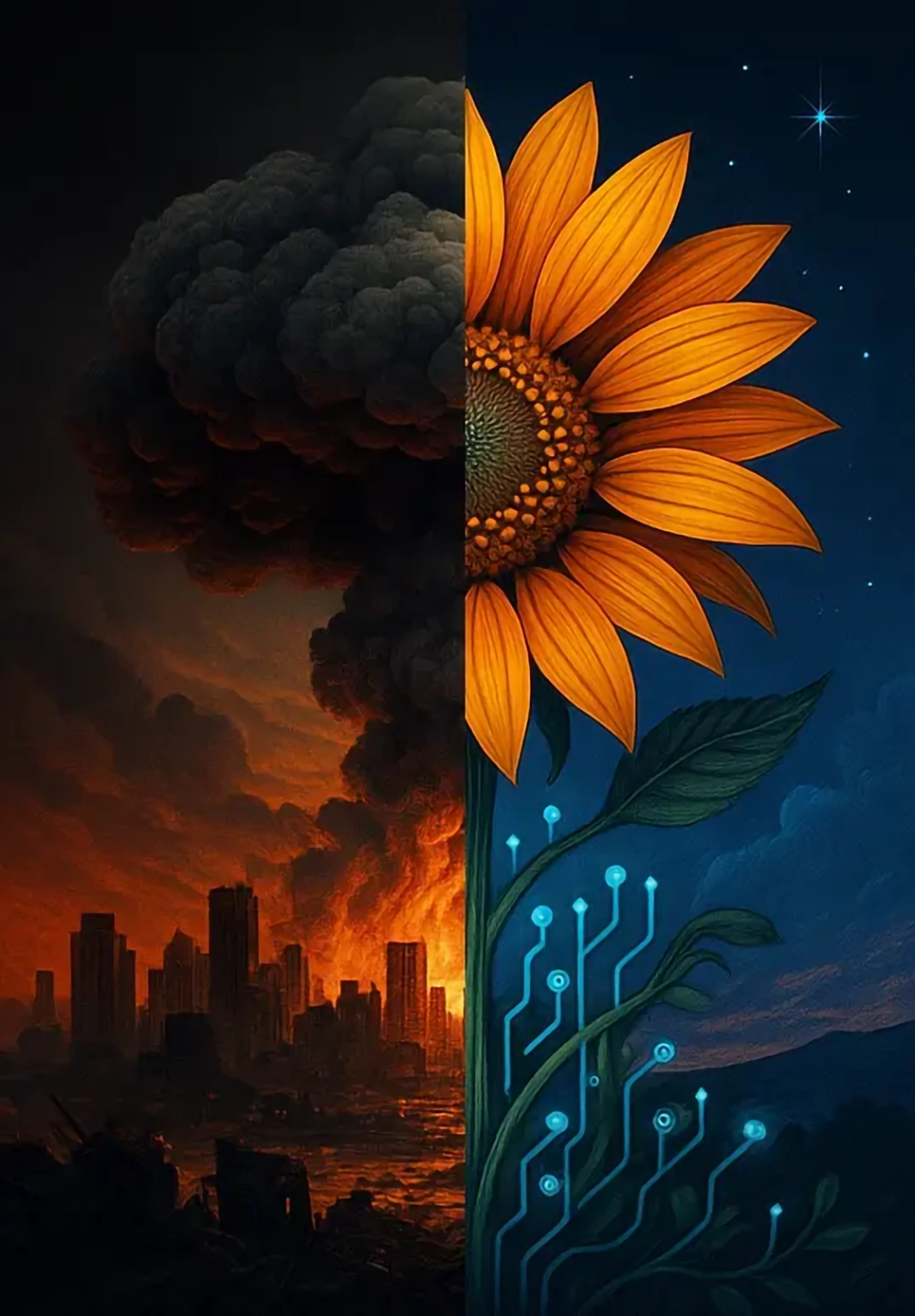 A split-image contrasts a burning city under a nuclear cloud with a radiant sunflower blooming under a starry sky, its stem formed by glowing circuit patterns.