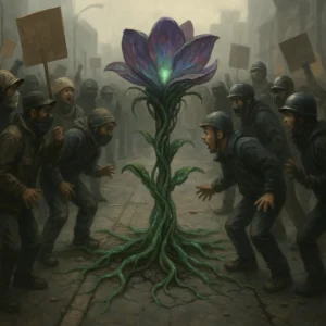 A luminous alien flower emerges from cracked pavement, surrounded by shouting protesters and riot police in a tense urban standoff.