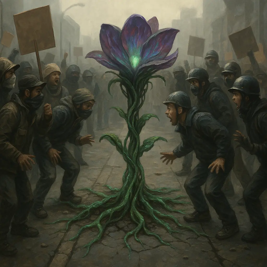 A luminous alien flower emerges from cracked pavement, surrounded by shouting protesters and riot police in a tense urban standoff.