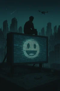 Silhouetted figure sits on a rooftop above a glowing billboard with a glitching smiley face, framed by a dystopian city skyline at night.