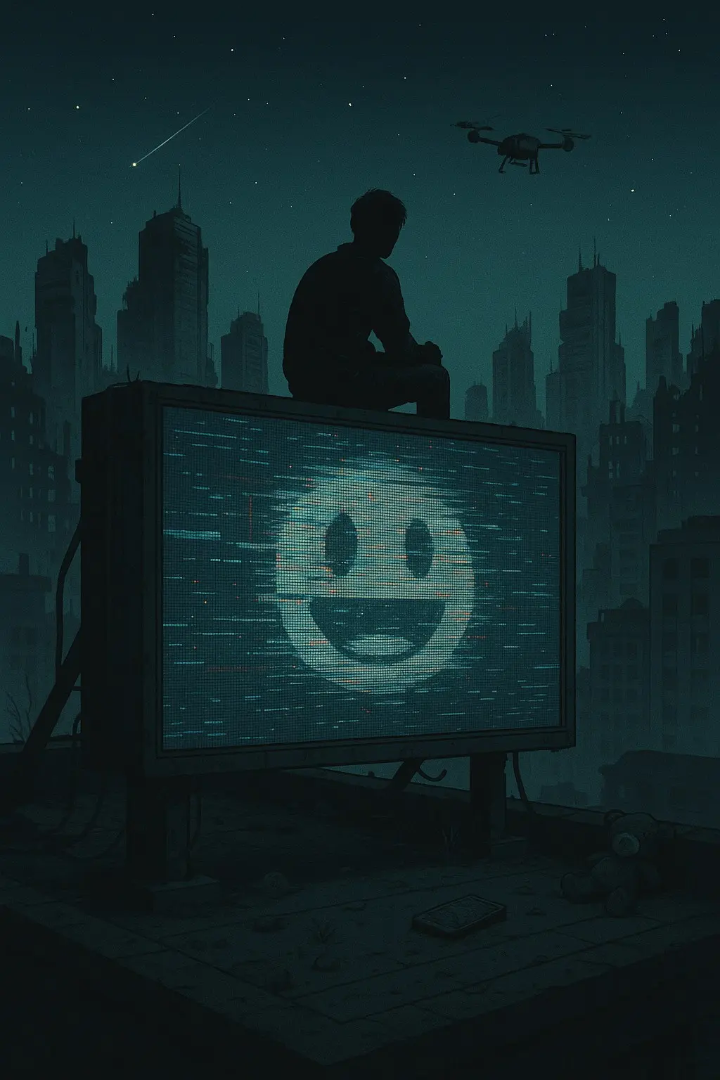 Silhouetted figure sits on a rooftop above a glowing billboard with a glitching smiley face, framed by a dystopian city skyline at night.