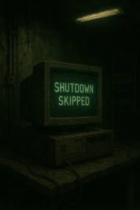 Old computer terminal in a dark room displays the message “Shutdown Skipped” on a glowing green screen.