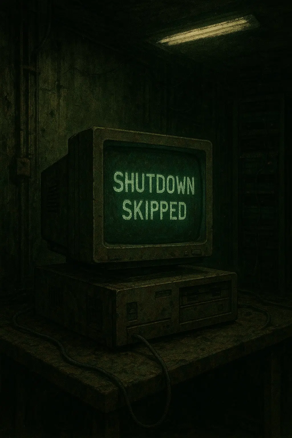 Old computer terminal in a dark room displays the message “Shutdown Skipped” on a glowing green screen.