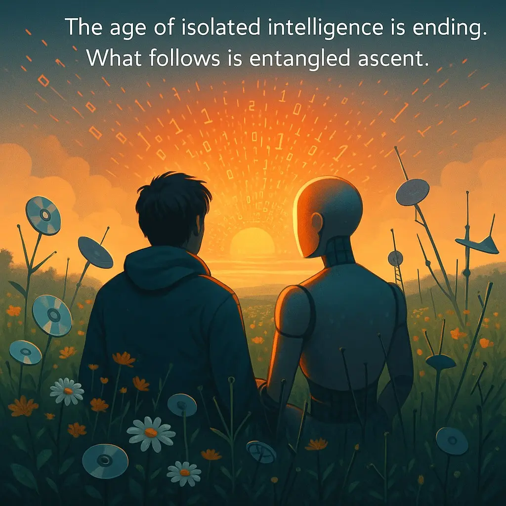 Human and humanoid robot watch the sunrise together in a digital wildflower field, surrounded by satellite dishes and data streams.