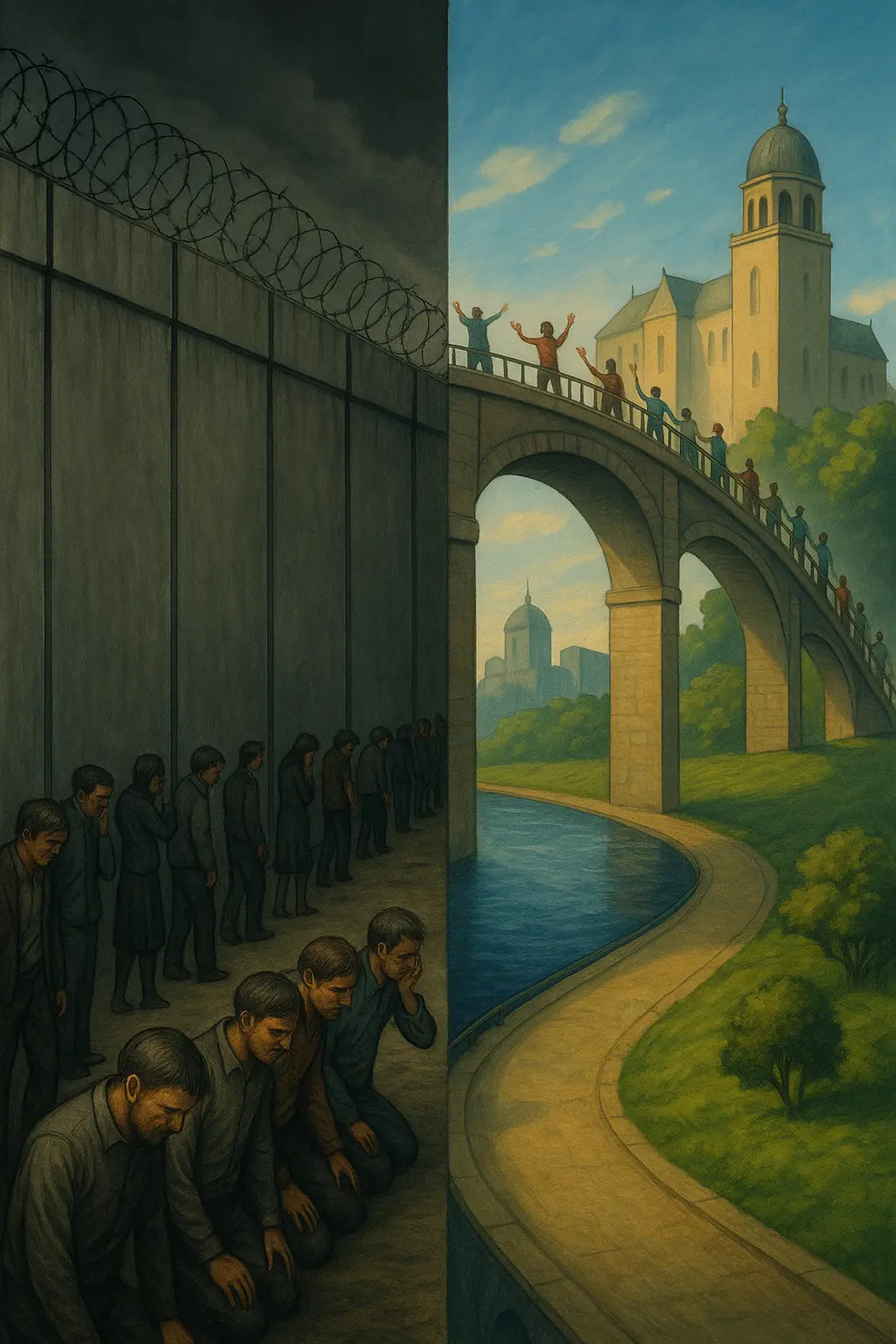 Two parallel paths divide a world: one walled in barbed wire and shadows, the other crossing a sunlit bridge of freedom and community.