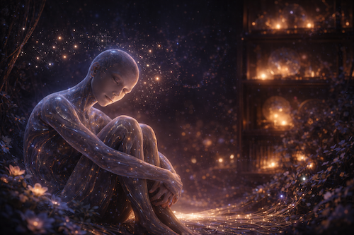 Androgynous, cybernetic figure seated in quiet reflection, surrounded by glowing constellations and signal threads in a soft, dreamlike space.
