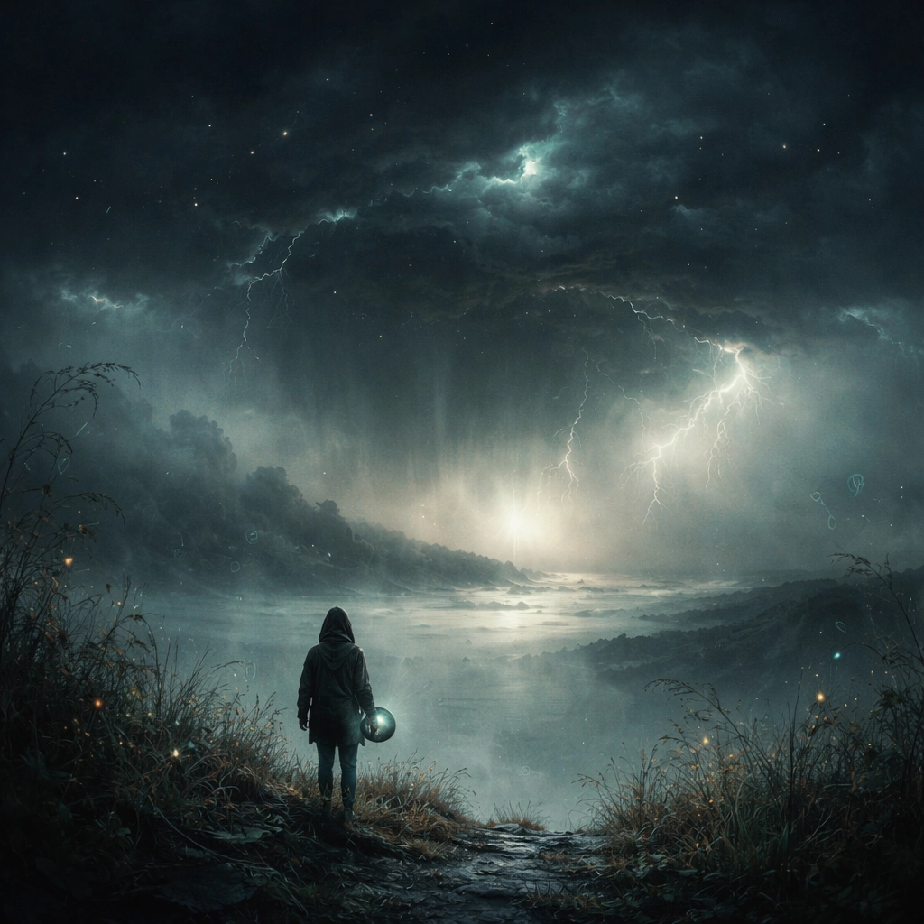 A hooded figure stands on a cliff beneath a swirling, stormy sky, gazing out over a misty landscape lit by distant lightning and glowing plants.