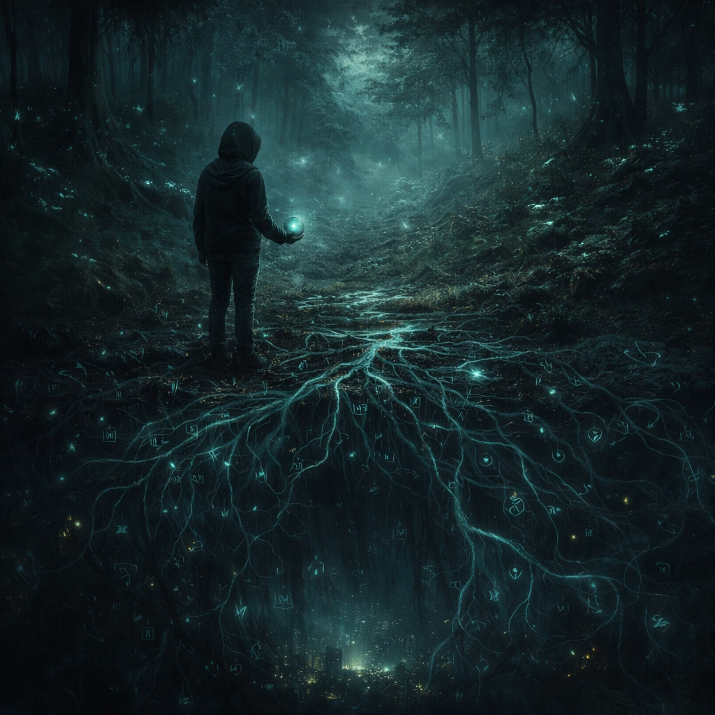 A cloaked figure holding a glowing orb stands in a misty forest, gazing down at a luminous root system revealing an underground city.