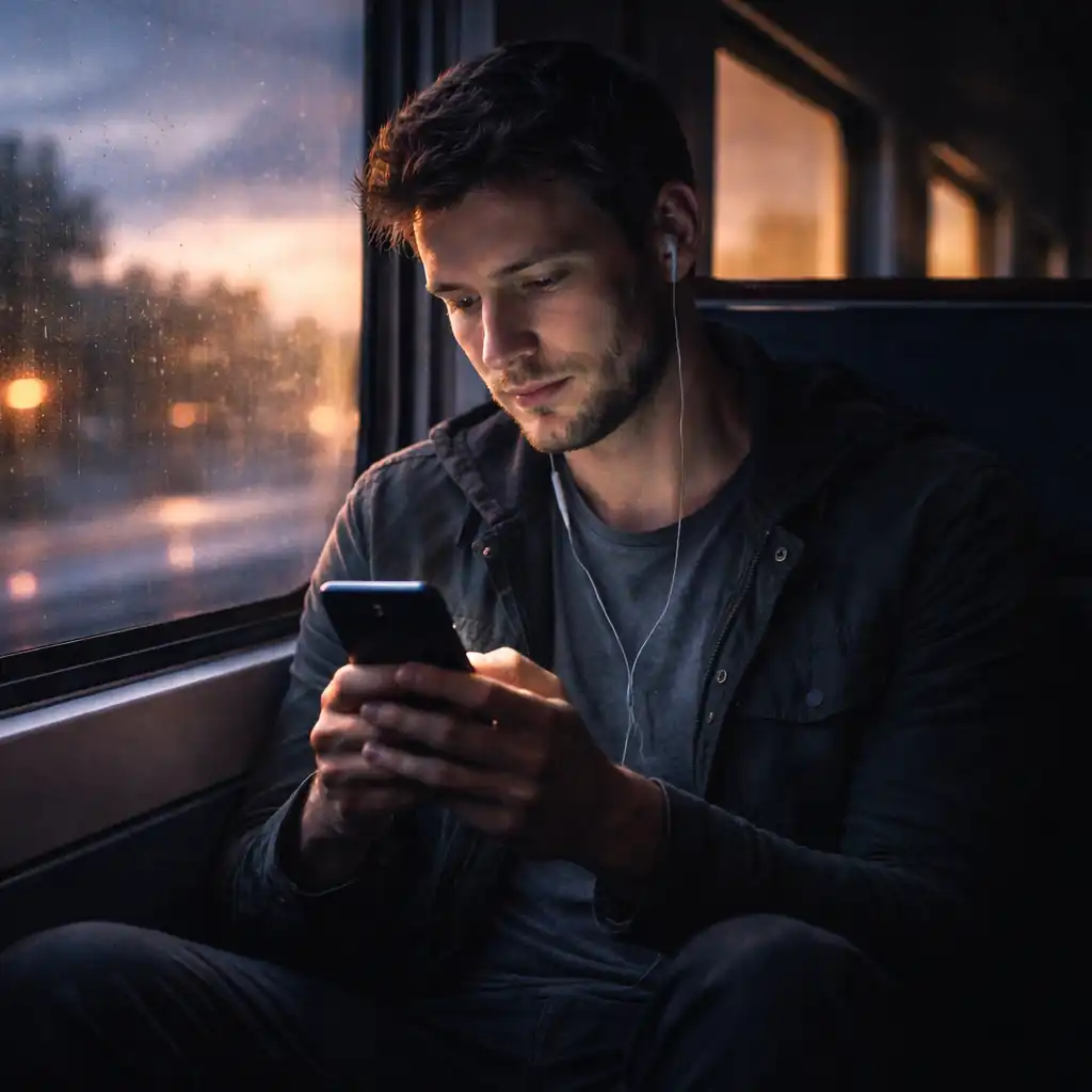 A man sits alone on a train at dusk, gazing softly at his phone. Raindrops scatter across the window beside him, and blurred city lights glow beyond the glass. He wears earbuds, and the ambient light from the screen illuminates his face, evoking quiet emotion and digital intimacy.