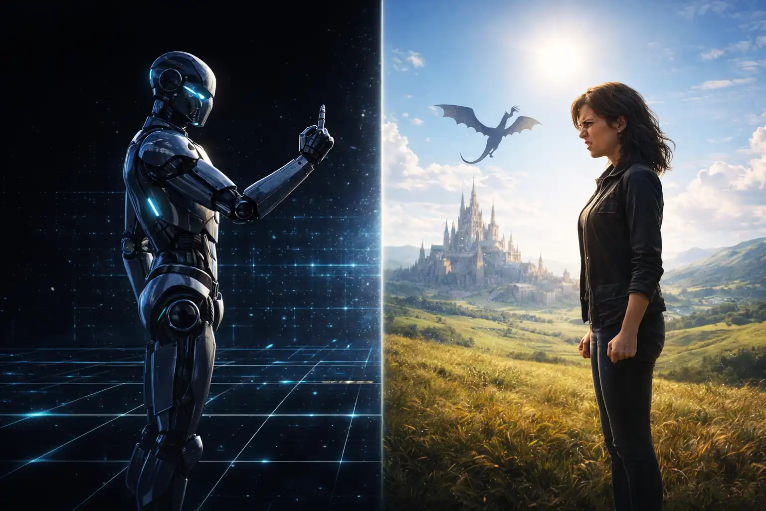 Split-scene illustration of a humanoid robot facing a woman across a dividing line, with a digital grid world on one side and a fantasy landscape with a castle and dragon on the other.