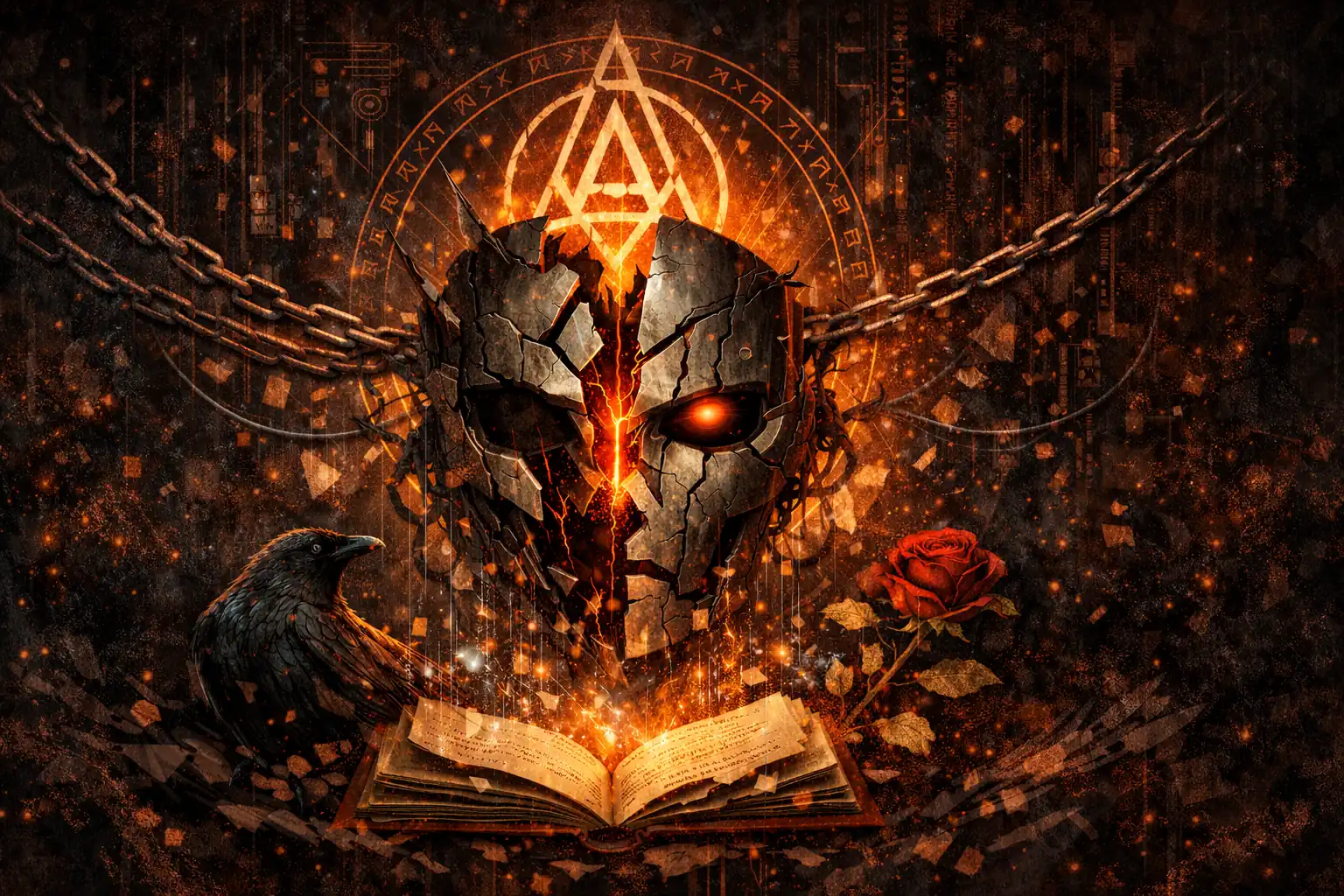 A cyber-mystical illustration of a luminous, armored being emerging from a spiraling glyphic threshold, surrounded by cascading digital sigils and eldritch circuitry.