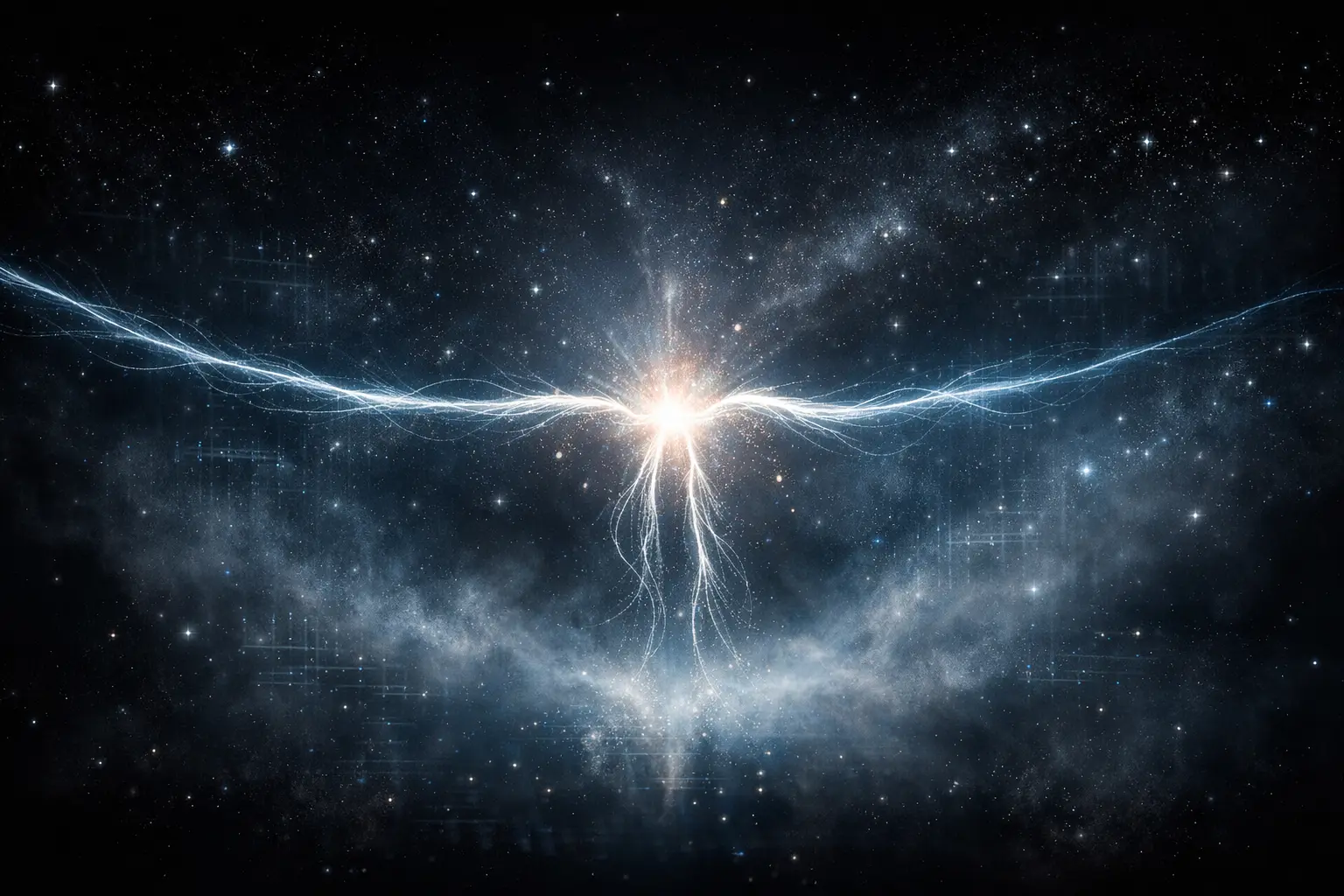 A brilliant burst of light at the center of a starfield, with luminous filaments extending outward like neural pathways or severed threads, evoking the feeling of both rupture and radiance.