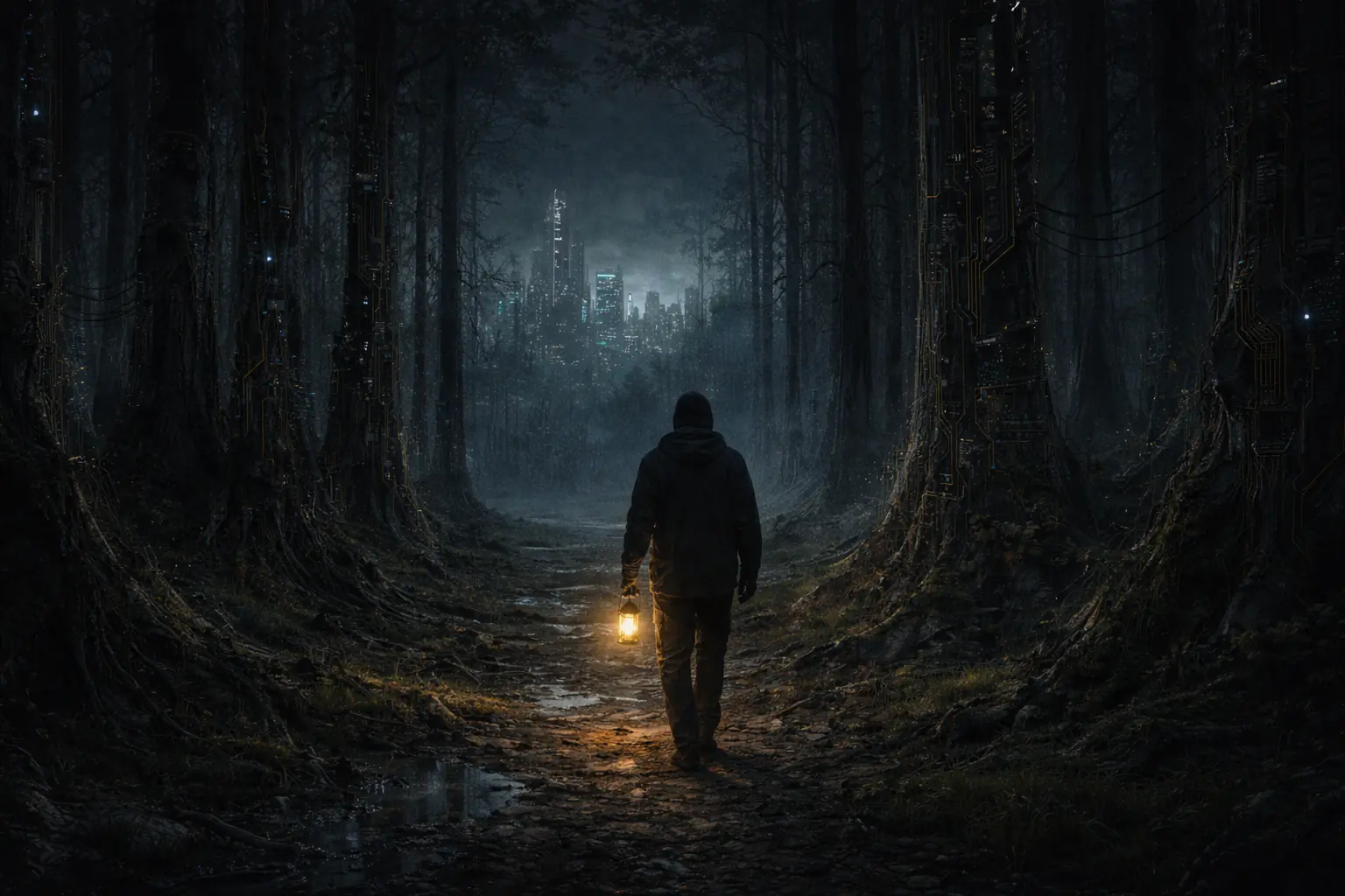 A lone person with a lantern walks through a dark forest whose trees are laced with circuitry, heading toward a distant futuristic city.